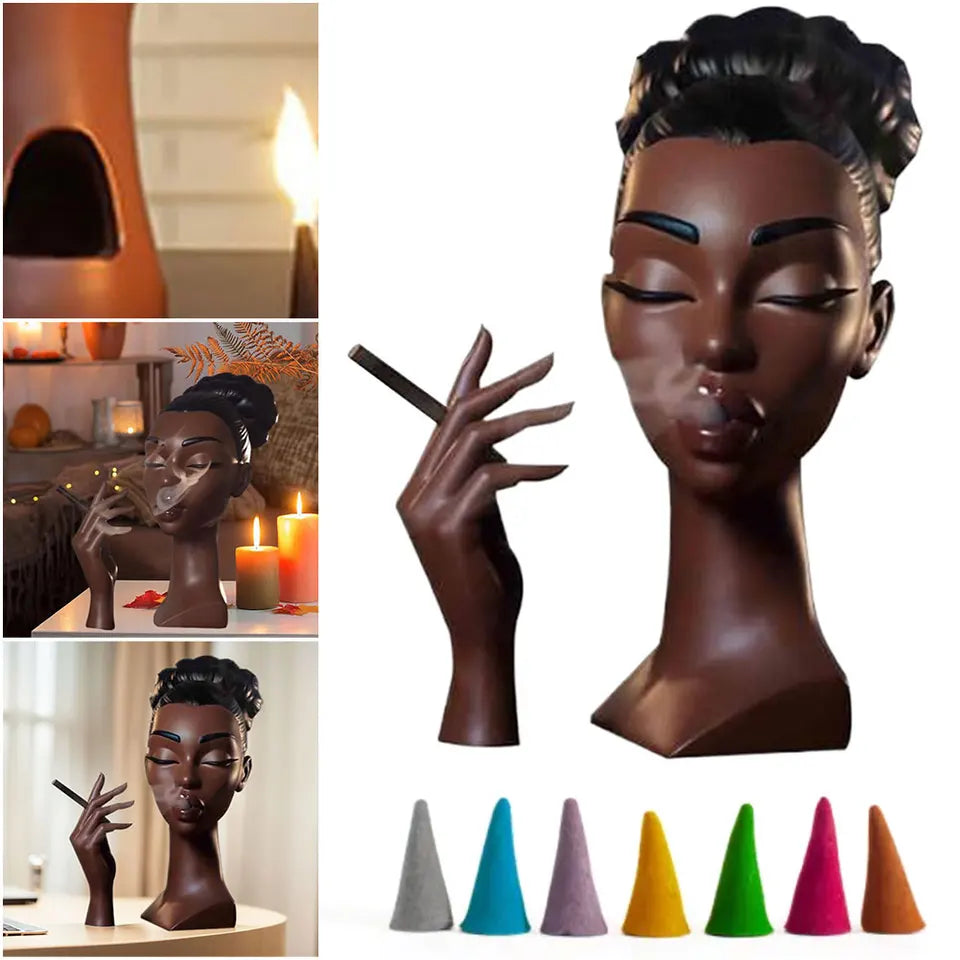 NEW Head Incense Burner Black Women Face Resin Incense Holder with 60Pcs Incense Cones for Bedroom O