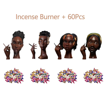 NEW Head Incense Burner Black Women Face Resin Incense Holder with 60Pcs Incense Cones for Bedroom Office Home